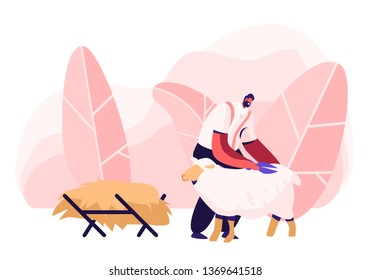 Mature Farmer Shearing Sheep for Wool in Barn. Sheepshearer Character at Working Process on Farm. Shearer Man Removing Sheep Wool. Ewe Having Fleece Sheared Off. Cartoon Flat Vector Illustration