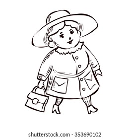 Mature fat lady in a coat and hat. Hand drawn cartoon vector illustration