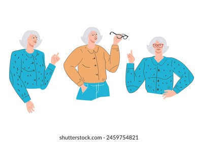 Mature female characters with thoughtful and confident facial expression, flat vector illustration isolated on white background. Elderly woman face expressions set.