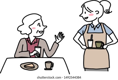 Mature female customer talking to cheerful waitress who holding a beverage tray. Cute waitress with apron smiling, holding tray of drink and waiting for food order from senior female patron.