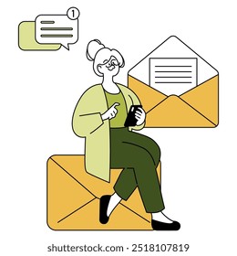 Conceito de executiva feminina madura. Uma empresária experiente gerenciando a comunicação com um smartphone e e-mail. Liderança na era digital. Ilustração vetorial.