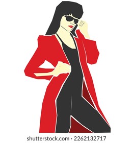 Mature female model posing in a long red coat with black undergarments and wearing sunglasses