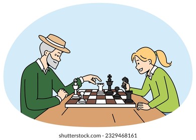 Mature grandfather playing chess with small girl. Happy elderly man enjoy board game with little child. Hobby and leisure time. Vector illustration.