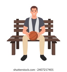 Un jugador de baloncesto paralizado sentado en un banco con una toalla alrededor del cuello. Ilustración vectorial plana aislada en fondo blanco