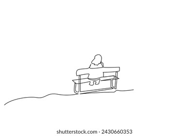 mature lonely woman sitting on park bench calmly watch outside one line art design