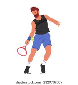Mature Male Character Swings Racket, Hits Ball Across The Net. Athlete Man Runs, Jumps, And Strategizes To Win Points Against The Opponent On The Tennis Court. Cartoon People Vector Illustration