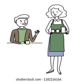 Mature male customer talking to cheerful waitress who holding a tray full of coffee cups and coffee pot. Cute waitress serving drink to senior man. Female server with apron carrying drinks tray. 