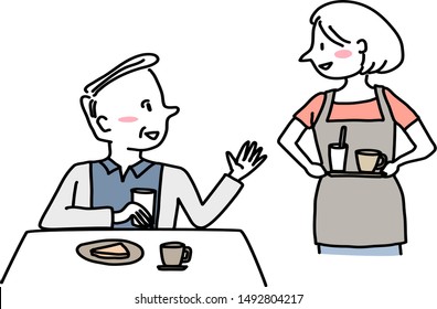 Mature male customer talking to cheerful waitress who holding a beverage tray. Cute waitress with apron smiling, holding tray of drink and waiting for food order from senior male patron.