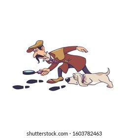 Mature male detective with dog following on track isolated on white. Man cartoon character looking on trace using magnifying glass doggy hunting by footprints vector graphic illustration