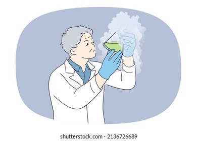 Mature male lab worker hold tube do experiments in laboratory. Focused older man scientist or researcher with test-tube experiment with chemicals make research. Vector illustration. 