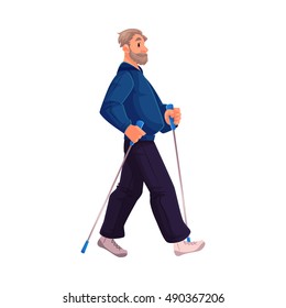 Mature male nordic walker, cartoon style vector illustration isolated on white background. Elder man doing nordic walking, full height portrait, side view. Elder male Nordic walker in sports suit