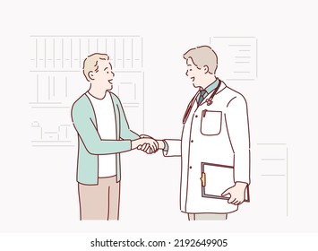 Mature Male Patient Shaking Hands With Doctor In Office. Hand drawn style vector design illustrations.