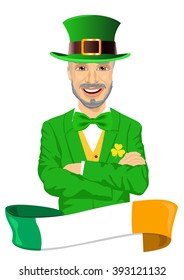 mature man with arms folded dressed as leprechaun celebrating Saint Patrick day