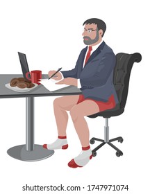 Hombre maduro con barba y gafas trabajando en una laptop mientras usa chaqueta de traje y ropa interior roja. Café y galletas sobre la mesa. Trabajando desde la idea de casa. Vector