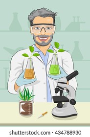 Mature man biologist with protective glasses holding two flasks with plants next to microscope in laboratory