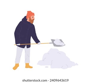 Mature man cartoon character digging snow, removing snowdrift from yard or road isolated on white