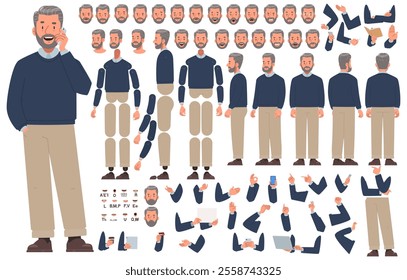 Mature man character constructor. Set of different positions of arms legs head and body for creating animation and your own illustrations. DIY kit. Vector illustration in flat style