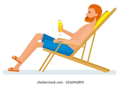 Mature man with a cocktail sitting in a chair on a white background. Vector cartoon flat illustration.