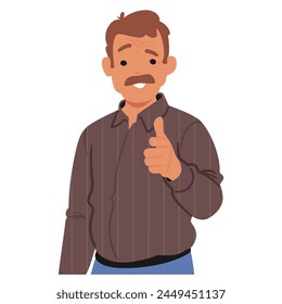 Mature Man Directs Attention With A Pointed Index Finger, Engaging The Viewer With Confident Gesture And Direct Eye Contact. Mustached Pointing Male Character. Cartoon People Vector Illustration