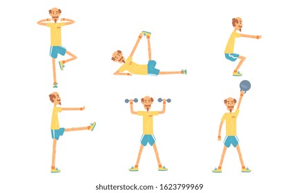 Mature Man Doing Morning Exercises Collection, Active Healthy Workout of Aged Person, People Engaged in Sports Vector Illustration