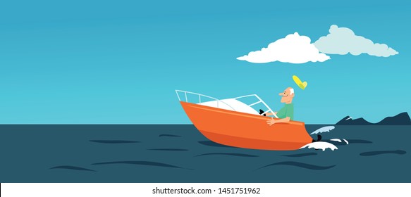 Mature man driving a speedboat, copy space on the left, EPS 8 vector illustrated background