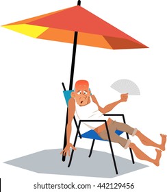 Mature man, exhausted from an intence heat, sitting under an umbrella in a very hot summer day with a hand fan, EPS 8 vector illustration, no transparencies