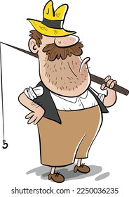 Mature man going fishing on a lake with his fishing pole