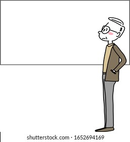 Mature man looking at empty billboard. Unhappy elderly man looking at blank signboard. Worried senior man looking at empty frame hanging on wall. Vector illustration with hand-drawn style.