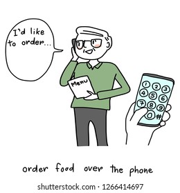 Mature man ordering food over the phone. Happy male client holding menu and talking on the phone to order food delivery. Close-up hand touching mobile phone screen, dialing food delivery number.
