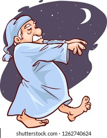 Mature Man In Pajamas Sleepwalking  Vector Illustration