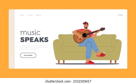 Mature Man Playing Guitar Landing Page Template. String Instrument Course, Private Guitar Lessons, Education, Hobby. Male Character Sitting on Sofa Learning to Play. Cartoon People Vector Illustration