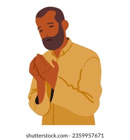 Mature Man Praying, Eyes Closed, Palms Pressed Together In Fervent Prayer, Seeking Solace And Guidance, A Picture Of Adult Black Male Character Deep Introspection. Cartoon People Vector Illustration