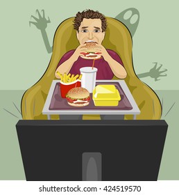 mature man sits in a chair eating hamburger and watching a horror movie on TV