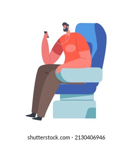 Mature Man Sitting in Comfortable Airplane Seat Relaxing and Use Smartphone during Flight. Passenger Travel by Plane, Trip, Airline Transportation Service. Cartoon Vector Illustration