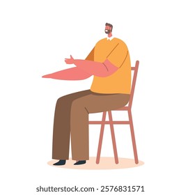 Mature Man Sitting on Chair Smile and Gesturing with Hands. Male Character Visiting Friend, Relaxing, Having Leisure