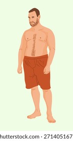 Hombre Adultos de pie a toda altura. Un tipo confiado en los boxeadores. Cifra masculina promedio.