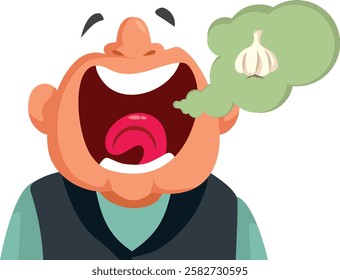 
Mature Man with Stinky Garlic Breath Vector Funny Illustration. Person with awful smelly breath due to poor oral hygiene 
