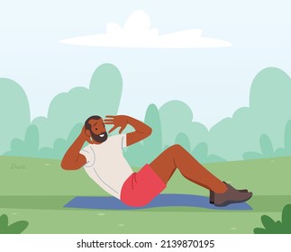 Mature Man Swinging Press Lying on Ground at House Yard. Sportsman Training on Street, Male Character Fitness Workout, Weight Loss , Abdomen Exercises, Wellness. Cartoon People Vector Illustration