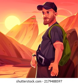Mature man traveler or tourist with backpack and straw in mouth at mountain landscape, sunset nature background. Cartoon male character portrait, bearded pensive guy with rucksack, Vector illustration