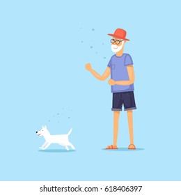 Mature man walking a dog. Vector illustration flat style.