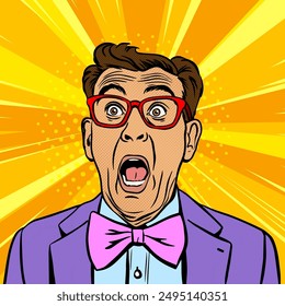 Mature man wearing purple jacket with a pink bow tie opens his mouth in amazement and widens his eyes, comic pop art vector illustration