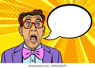 Mature man wearing purple jacket with a pink bow tie opens his mouth in amazement and speech bubble, comic pop art vector illustration