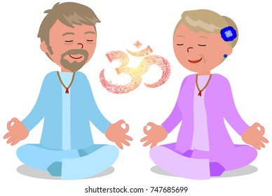 Mature man and woman in meditation pose with OM symbol illustration