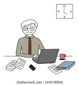Mature man working hard during office hours. Busy businessman working to finish his many tasks. Workaholic concept with clock and man working on laptop. Vector illustration with hand-drawn style.