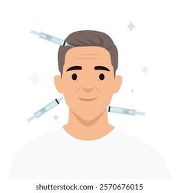 Mature man with wrinkles have skincare face injection for smooth skin. Flat vector illustration isolated on white background