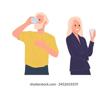 Mature man and young businesswoman cartoon characters drinking water enjoying healthy lifestyle