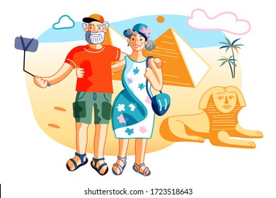 Mature married couple tourist visit Egypt pyramid. Senior man and old woman taking selfie by phone camera with egyptian sightseeing attraction. Retirement and tourism. Traveling on pension. Vector