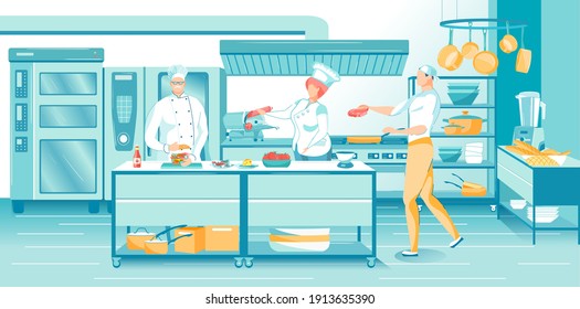 Mature Master Chef And Cookers At Restaurant Kitchen. Cooking, Dinner Preparation Process. Man And Woman Offering Sausage And Meat Dish Ingredients Help Chief Cook. Vector Flat Illustration