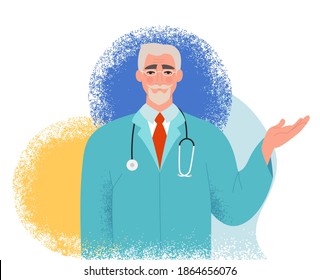 Mature medical doctor showing something with his hand. Old male doctor in uniform and with a stethoscope making a presentation. Isolated flat vector illustration on an abstract background