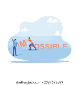 Mature men and business people are turning the impossible text into the possible outdoors. Process to success. Self-improvement concept. trend modern vector flat illustration